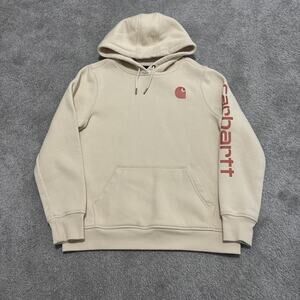 Carhartt Womens L 12-14 Hoodie Sweatshirt Relaxed Fit Beige Cream Spellout